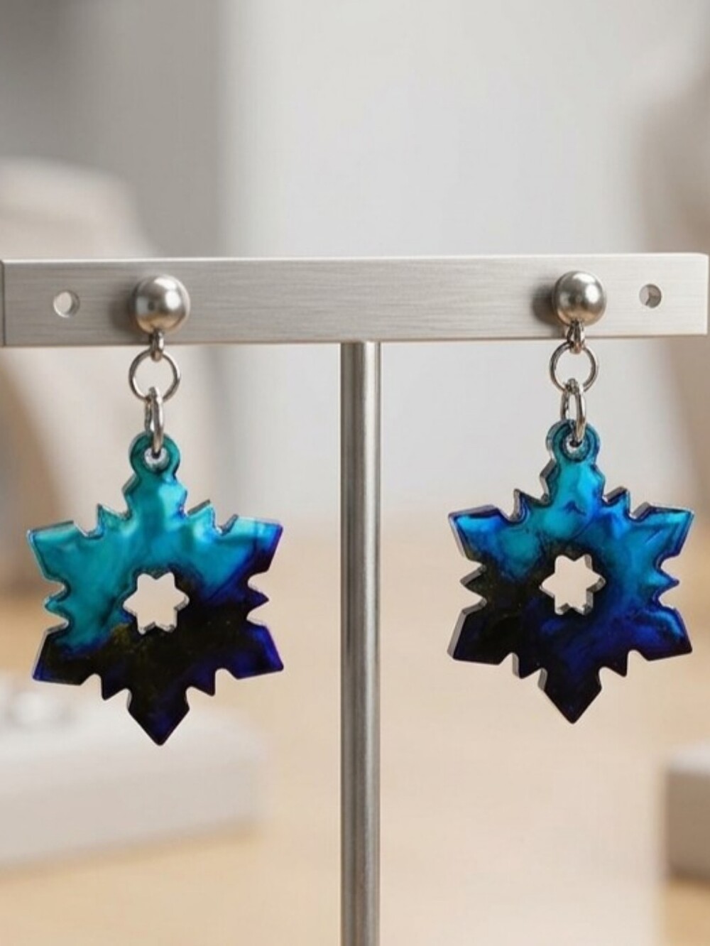 Handmade Teal Blue Ocean Resin Snowflake Dangle Earrings | Winter Jewelry NWT